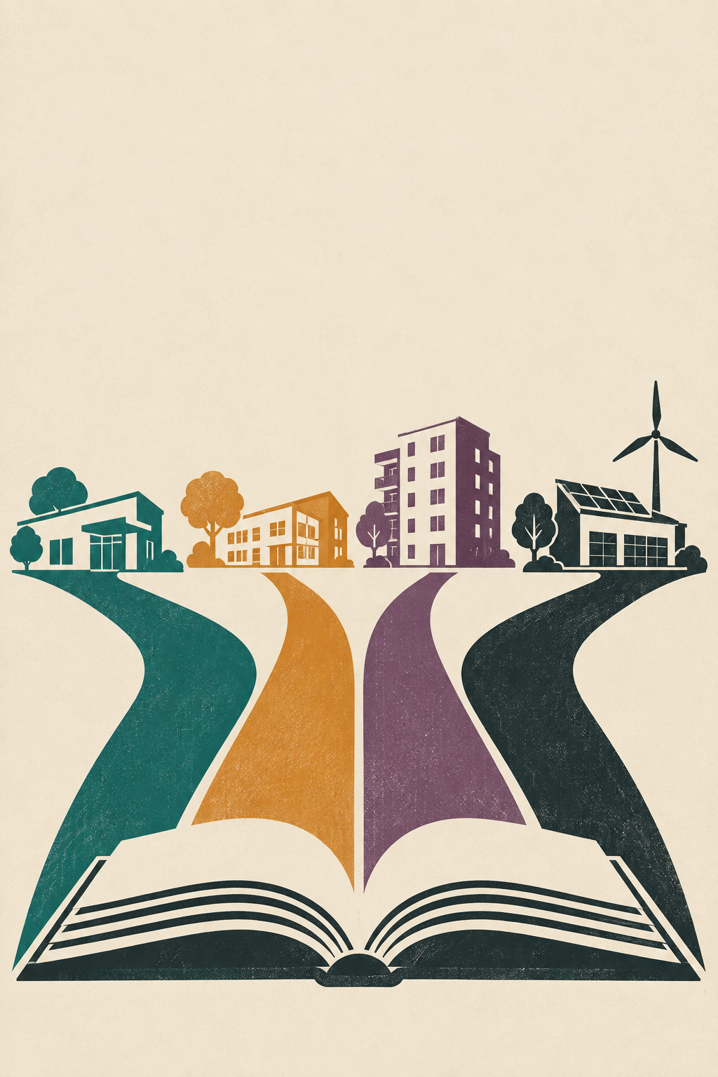 Composition éditoriale abstraite montrant des infrastructures et services reliés par une trame commune.